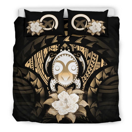 Vanuatu Duvet Cover Set - Turtle Tiki Face & Gold Hibiscus