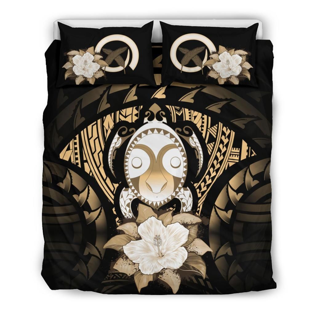 Vanuatu Duvet Cover Set - Turtle Tiki Face & Gold Hibiscus