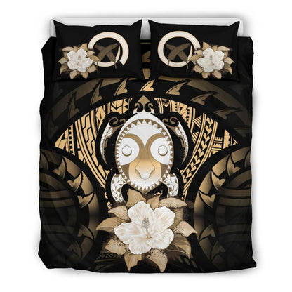 Vanuatu Duvet Cover Set - Turtle Tiki Face & Gold Hibiscus