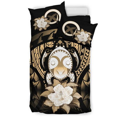 Vanuatu Duvet Cover Set - Turtle Tiki Face & Gold Hibiscus