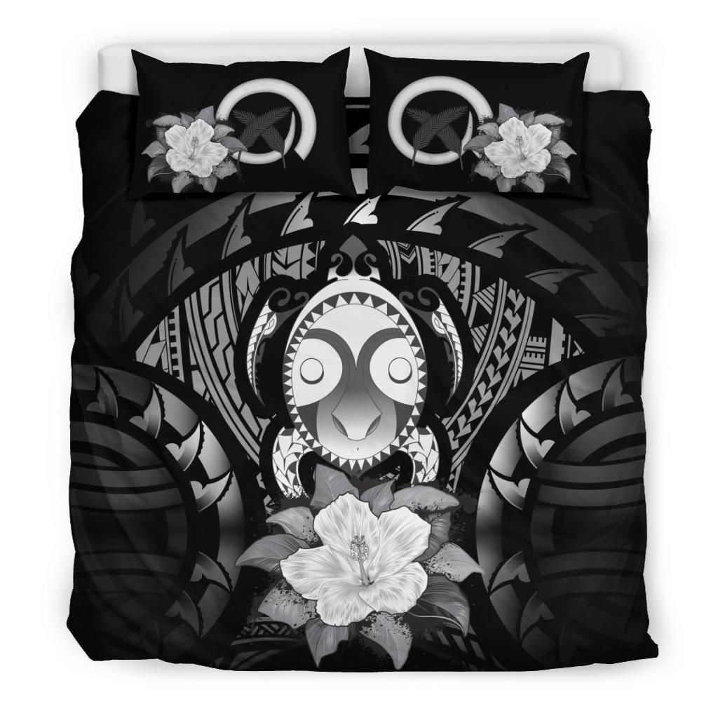 Vanuatu Duvet Cover Set - Turtle Tiki Face & Gray Hibiscus