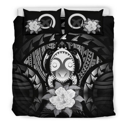 Vanuatu Duvet Cover Set - Turtle Tiki Face & Gray Hibiscus