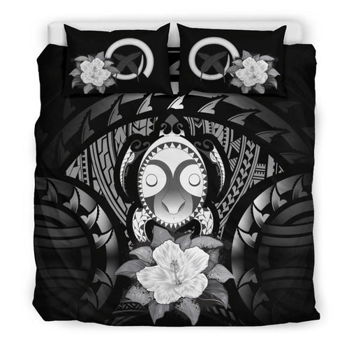 Vanuatu Duvet Cover Set - Turtle Tiki Face & Gray Hibiscus