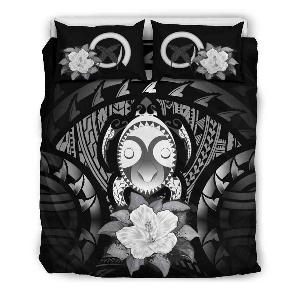 Vanuatu Duvet Cover Set - Turtle Tiki Face & Gray Hibiscus