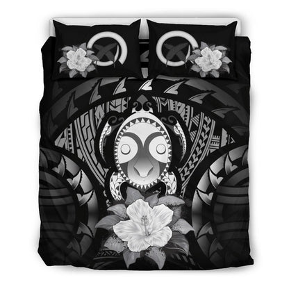 Vanuatu Duvet Cover Set - Turtle Tiki Face & Gray Hibiscus