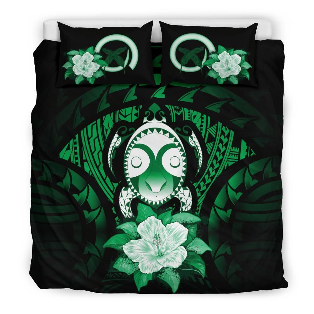 Vanuatu Duvet Cover Set -Turtle Tiki Face & Green Hibiscus