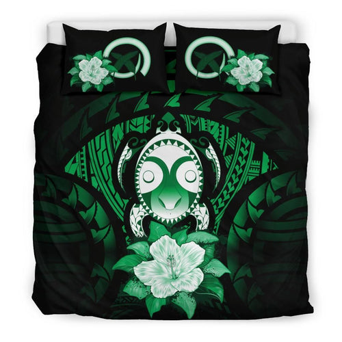 Vanuatu Duvet Cover Set -Turtle Tiki Face & Green Hibiscus