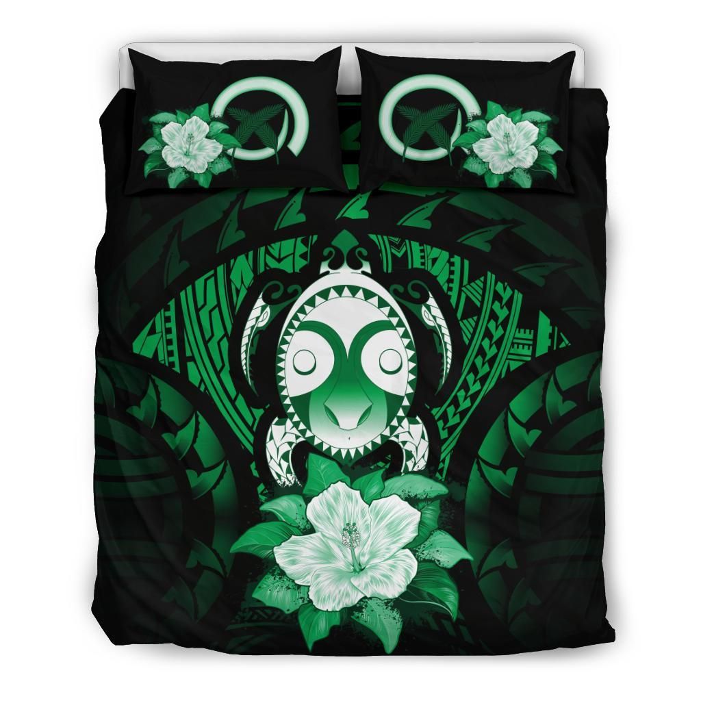 Vanuatu Duvet Cover Set -Turtle Tiki Face & Green Hibiscus
