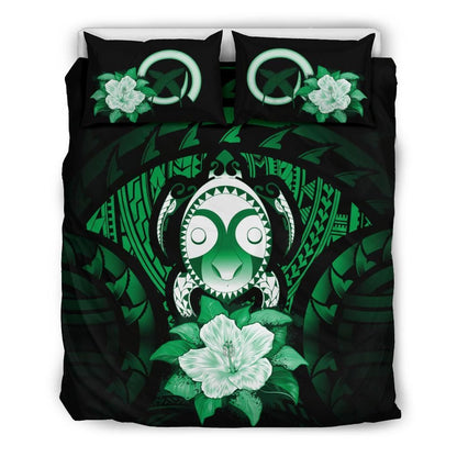 Vanuatu Duvet Cover Set -Turtle Tiki Face & Green Hibiscus