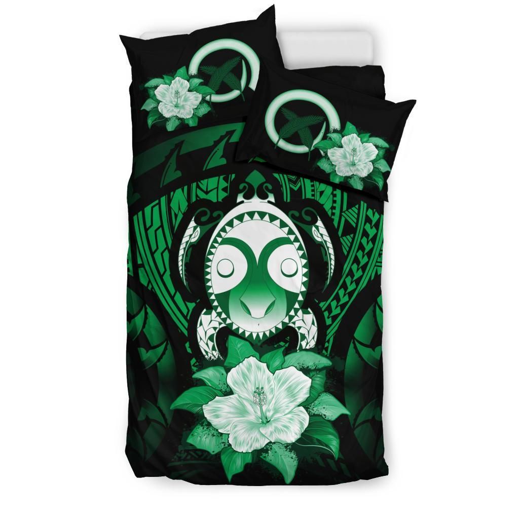 Vanuatu Duvet Cover Set -Turtle Tiki Face & Green Hibiscus
