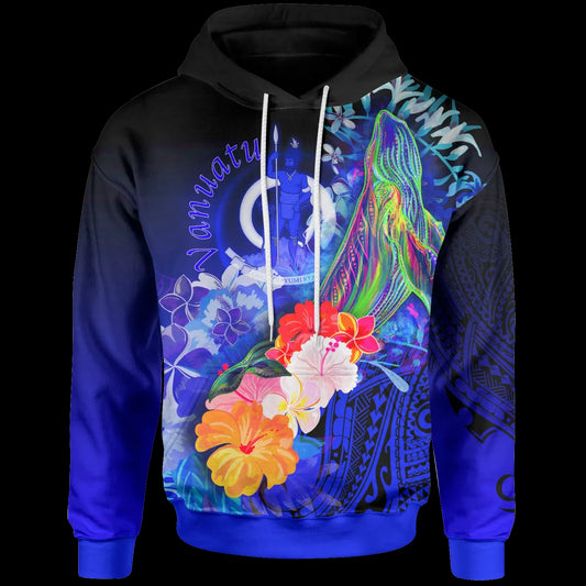 Vanuatu Hoodie - Humpback Whale with Tropical Flowers (Blue)