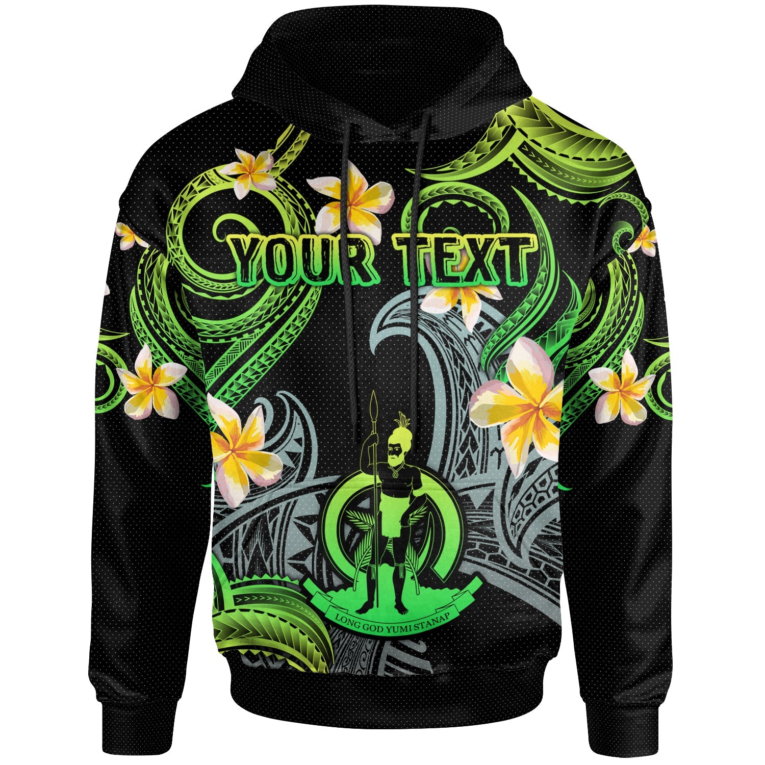 Vanuatu Hoodie - Custom Personalised Polynesian Waves with Plumeria Flowers (Green)
