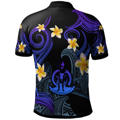 Vanuatu Polo Shirt - Custom Personalised Polynesian Waves with Plumeria Flowers (Blue)