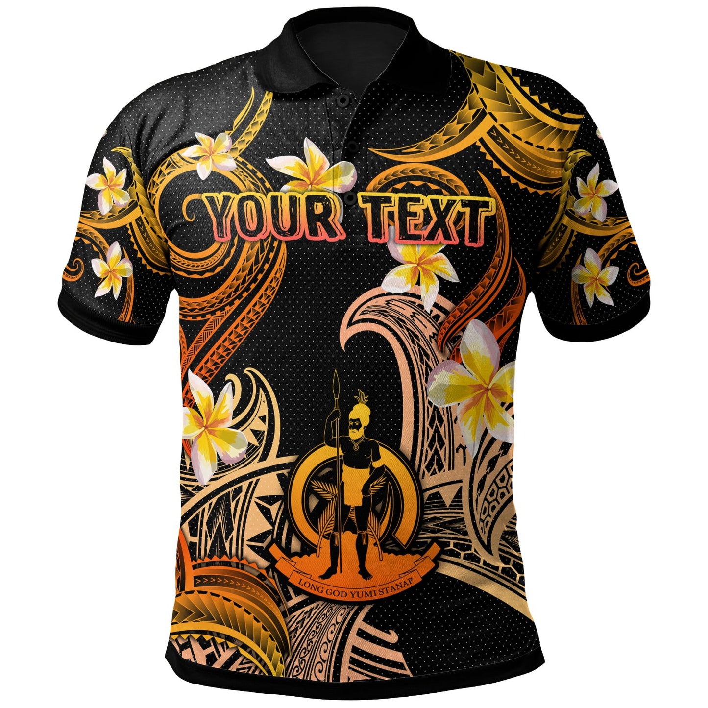 Vanuatu Polo Shirt - Custom Personalised Polynesian Waves with Plumeria Flowers (Orange)