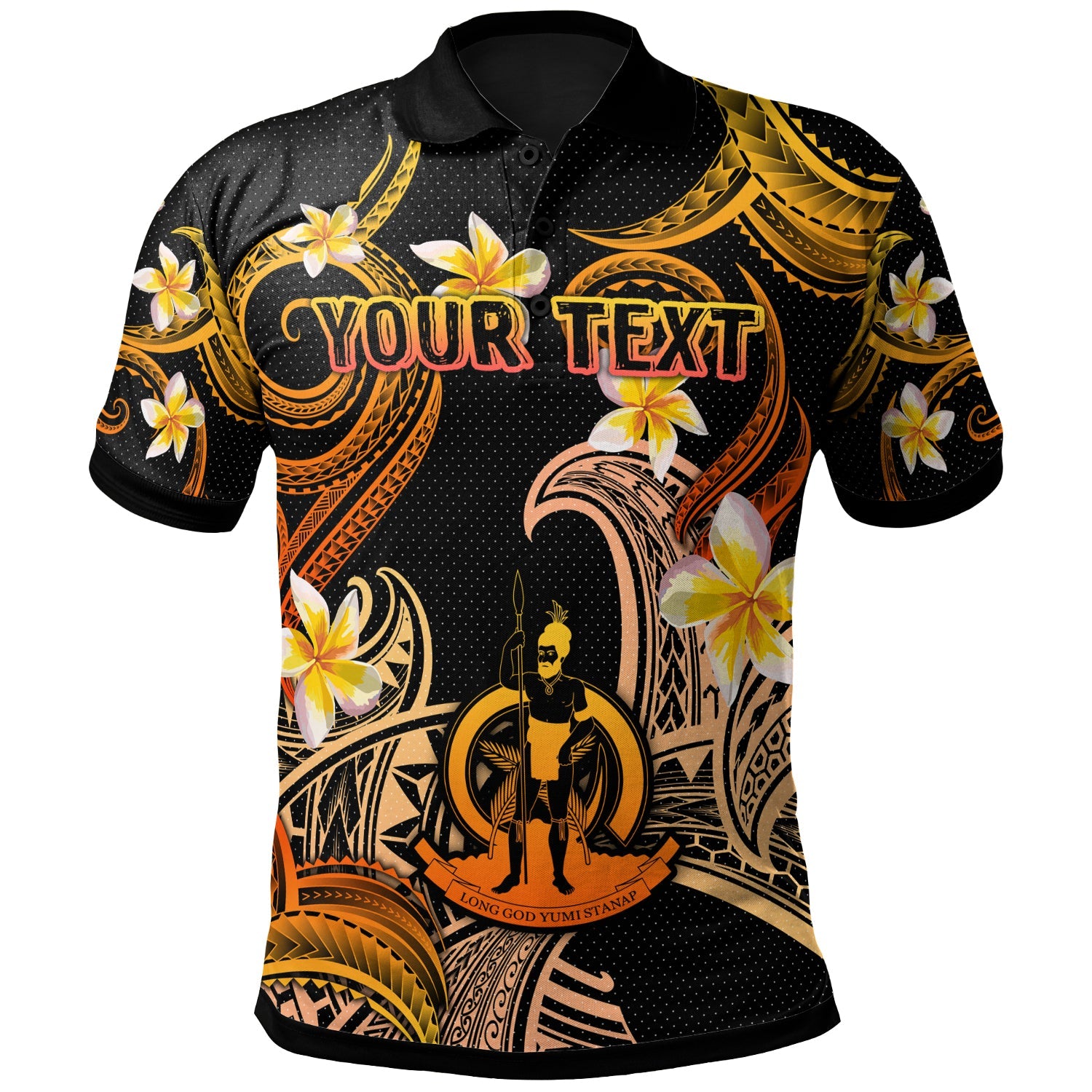 Vanuatu Polo Shirt - Custom Personalised Polynesian Waves with Plumeria Flowers (Orange)