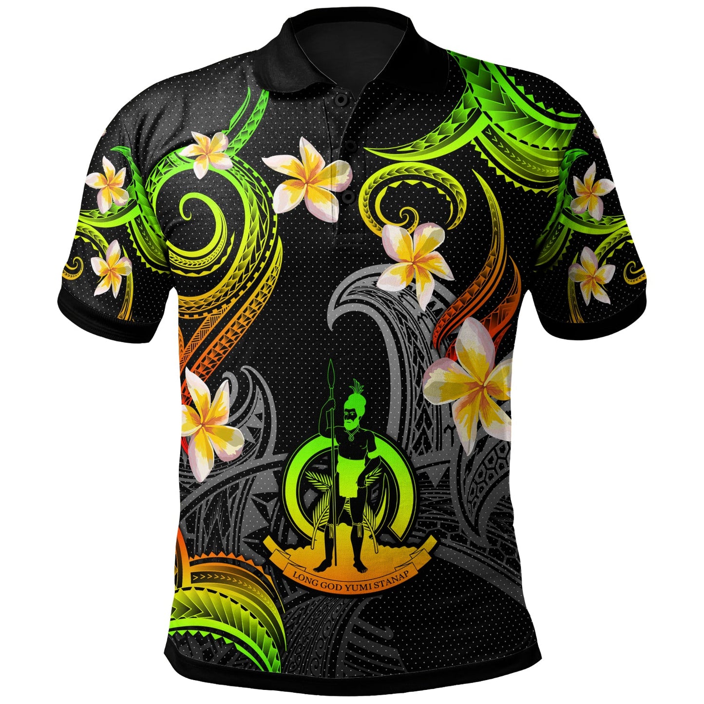 Vanuatu Polo Shirt - Custom Personalised Polynesian Waves with Plumeria Flowers (Reggae)