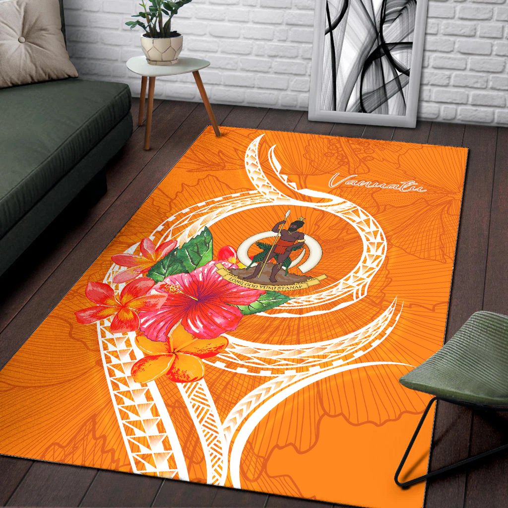 Vanuatu Polynesian Area Rug - Orange Floral With Seal