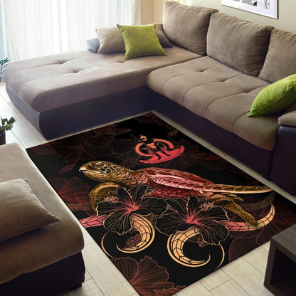 Vanuatu Polynesian Area Rugs - Turtle With Blooming Hibiscus Gold