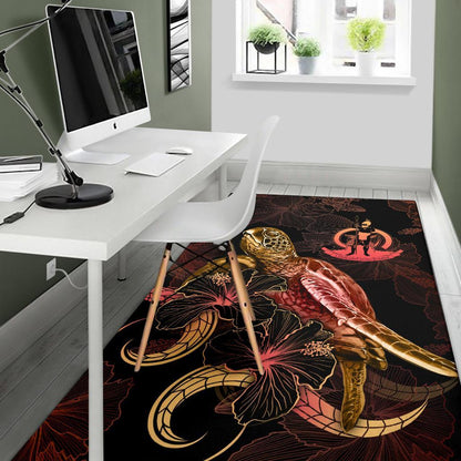 Vanuatu Polynesian Area Rugs - Turtle With Blooming Hibiscus Gold