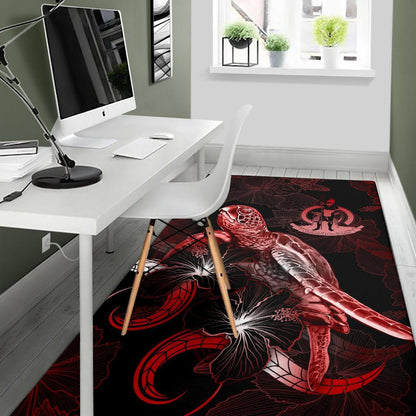 Vanuatu Polynesian Area Rugs - Turtle With Blooming Hibiscus Red