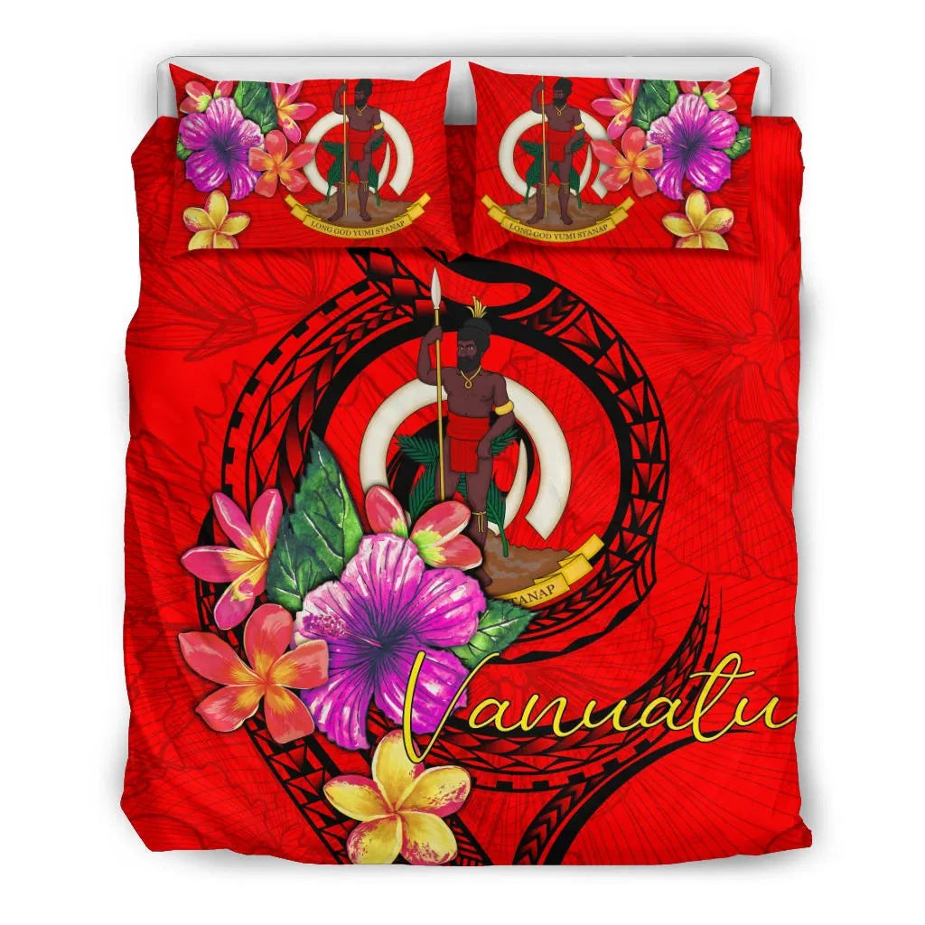 Vanuatu Polynesian Bedding Set - Floral With Seal Red