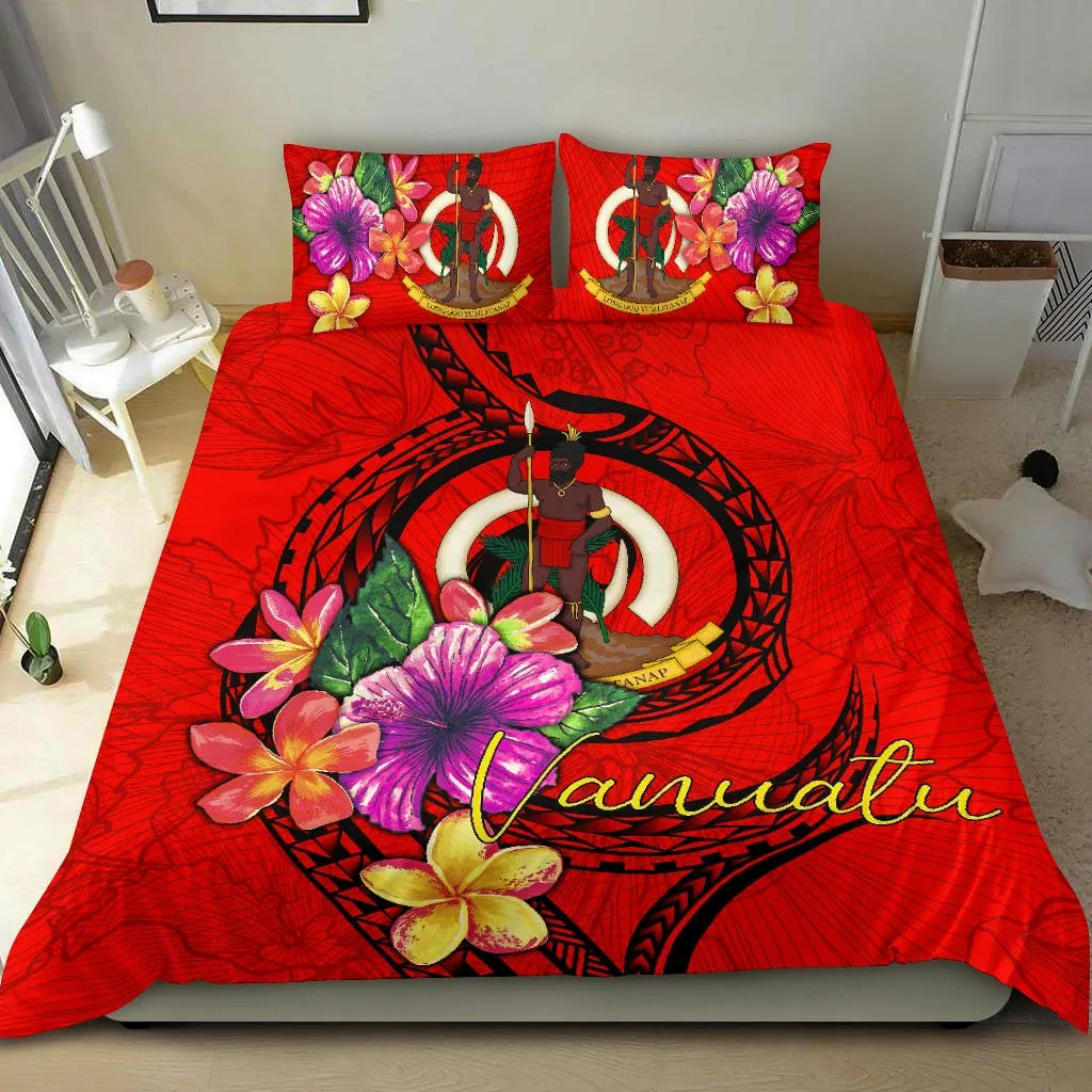 Vanuatu Polynesian Bedding Set - Floral With Seal Red
