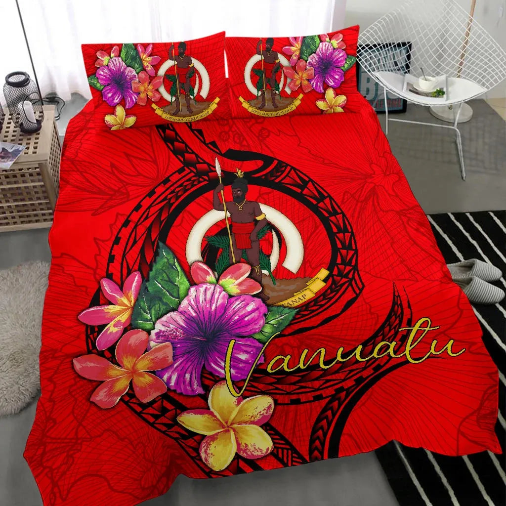 Vanuatu Polynesian Bedding Set - Floral With Seal Red