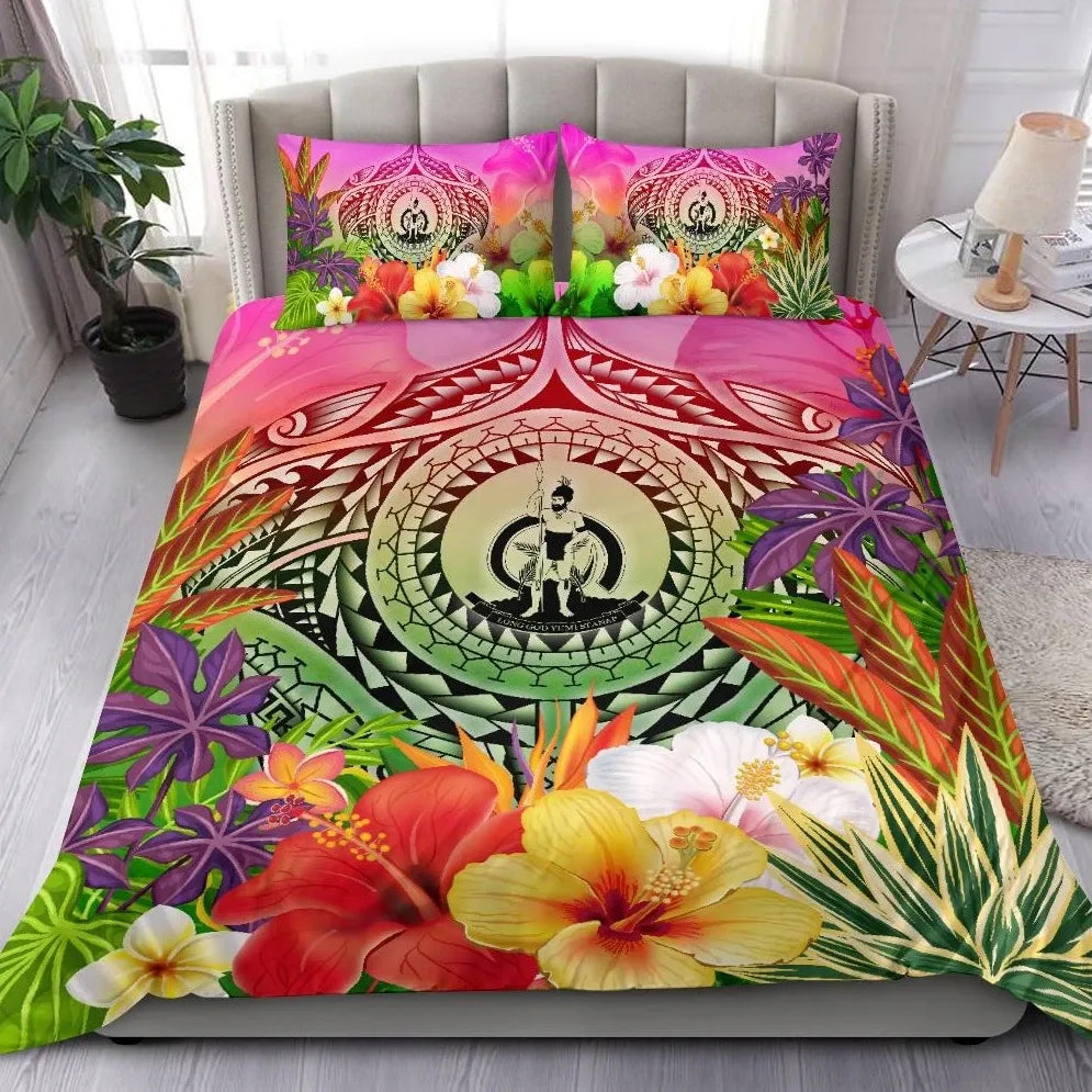 Vanuatu Polynesian Bedding Set - Manta Ray Tropical Flowers