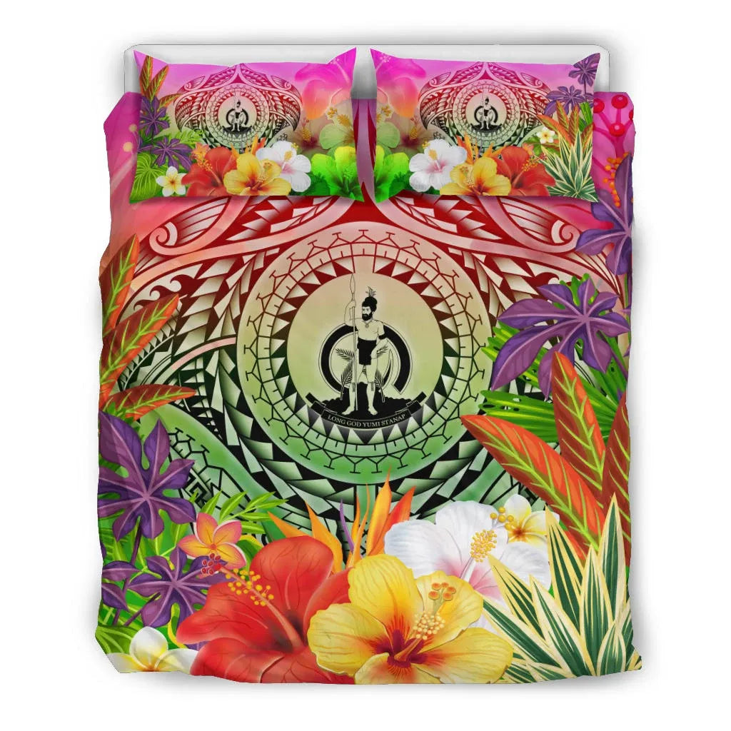 Vanuatu Polynesian Bedding Set - Manta Ray Tropical Flowers