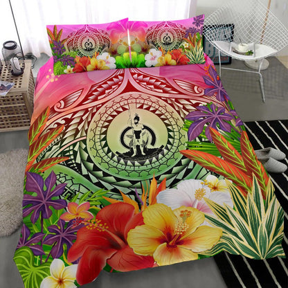 Vanuatu Polynesian Bedding Set - Manta Ray Tropical Flowers