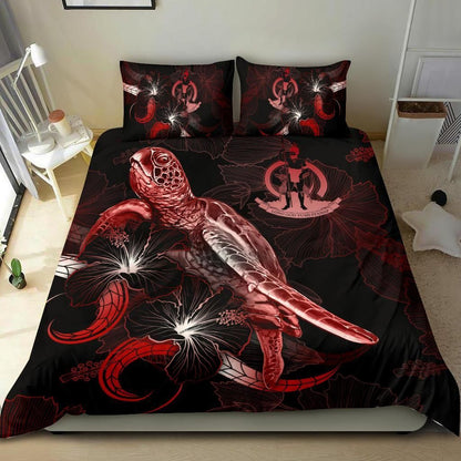 Vanuatu Polynesian Bedding Set - Turtle With Blooming Hibiscus Red