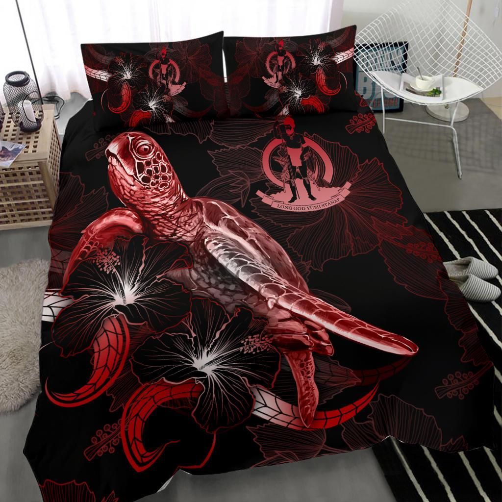 Vanuatu Polynesian Bedding Set - Turtle With Blooming Hibiscus Red