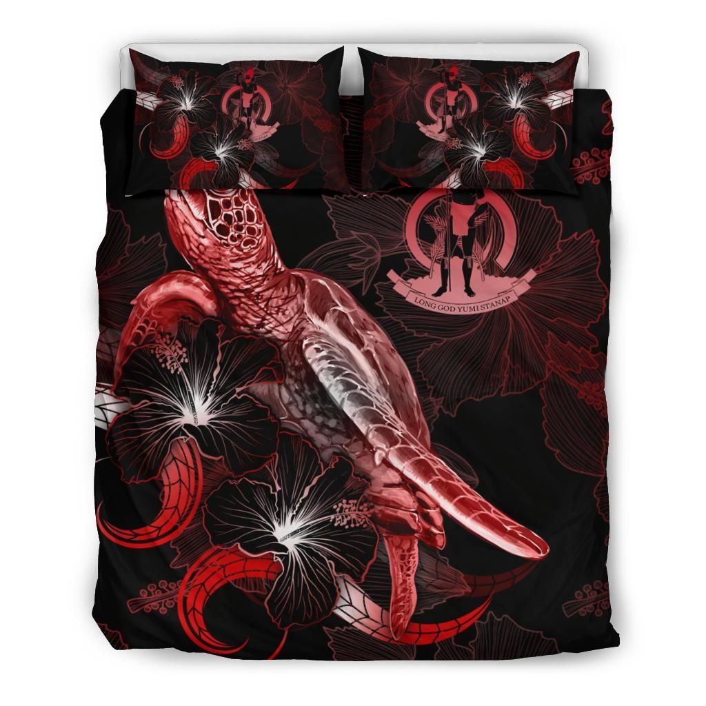 Vanuatu Polynesian Bedding Set - Turtle With Blooming Hibiscus Red