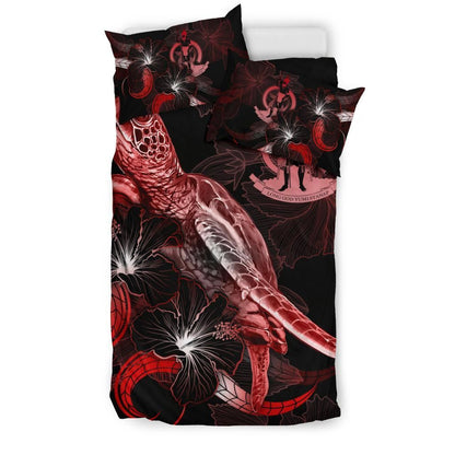 Vanuatu Polynesian Bedding Set - Turtle With Blooming Hibiscus Red
