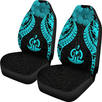 Vanuatu Polynesian Car Seat Covers Pride Seal And Hibiscus Neon Blue