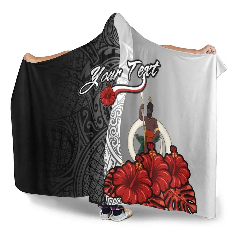 Vanuatu Polynesian Custom Personalised Hooded Blanket- Coat Of Arm With Hibiscus White