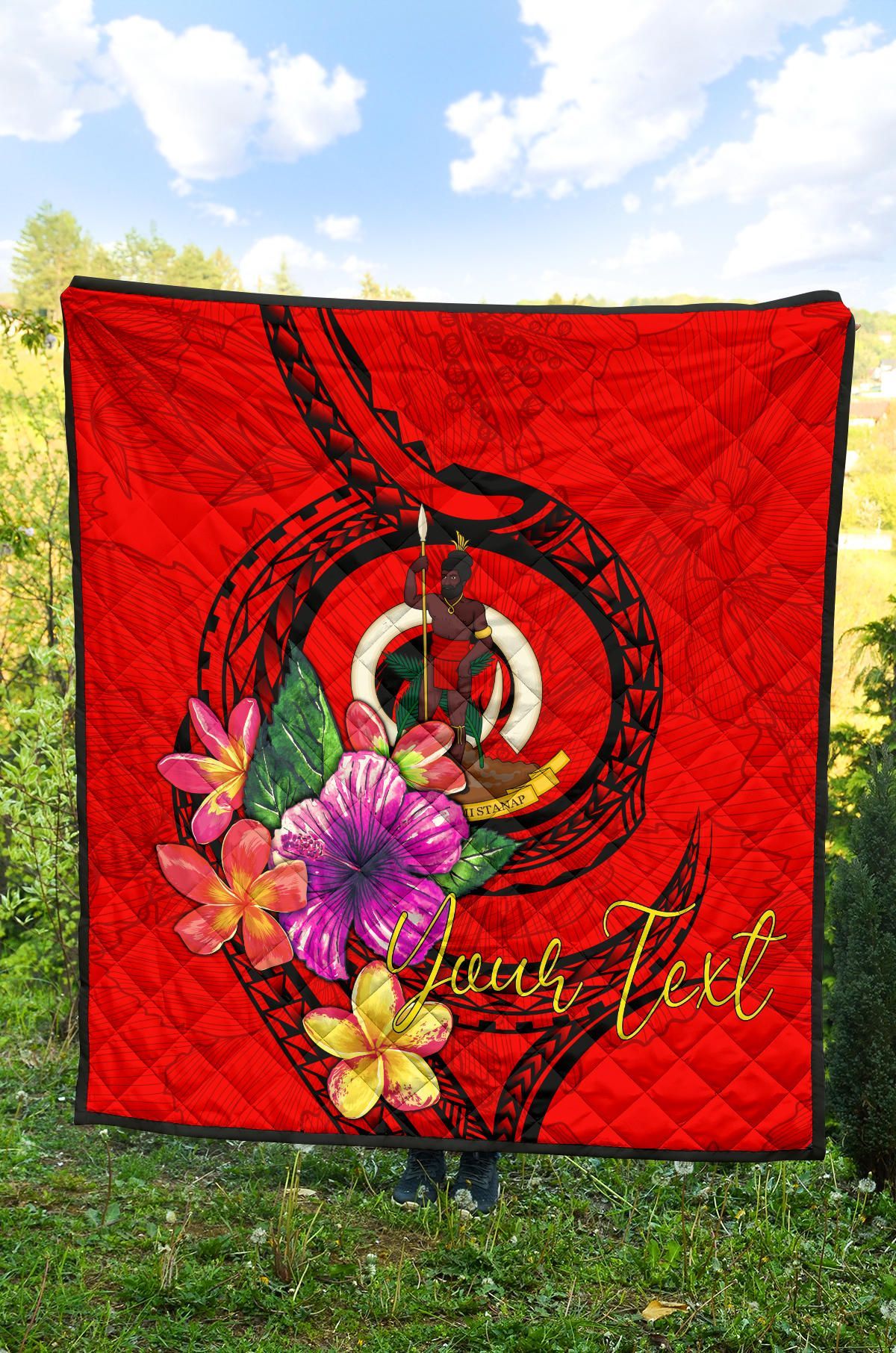Vanuatu Polynesian Custom Personalised Premium Quilt - Floral With Seal Red