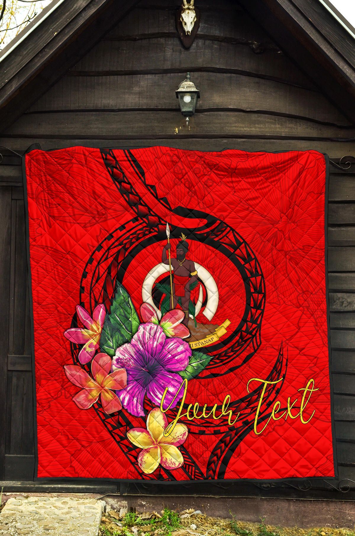 Vanuatu Polynesian Custom Personalised Premium Quilt - Floral With Seal Red