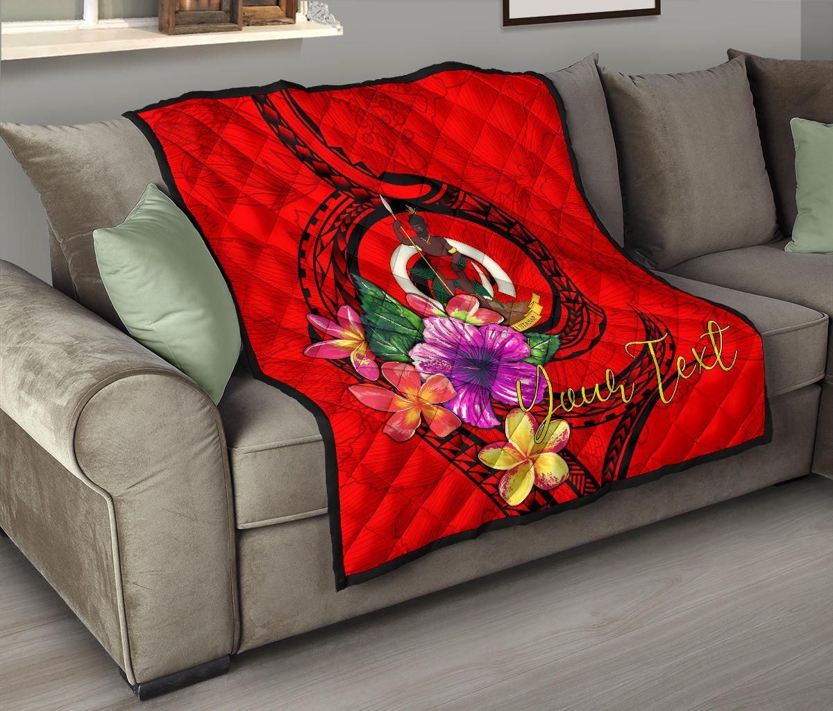 Vanuatu Polynesian Custom Personalised Premium Quilt - Floral With Seal Red