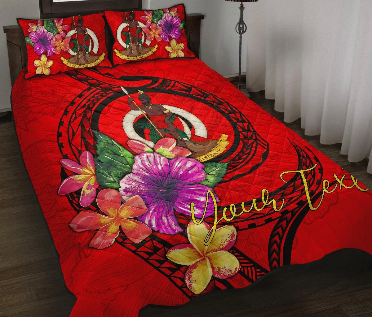 Vanuatu Polynesian Custom Personalised Quilt Bed Set - Floral With Seal Red