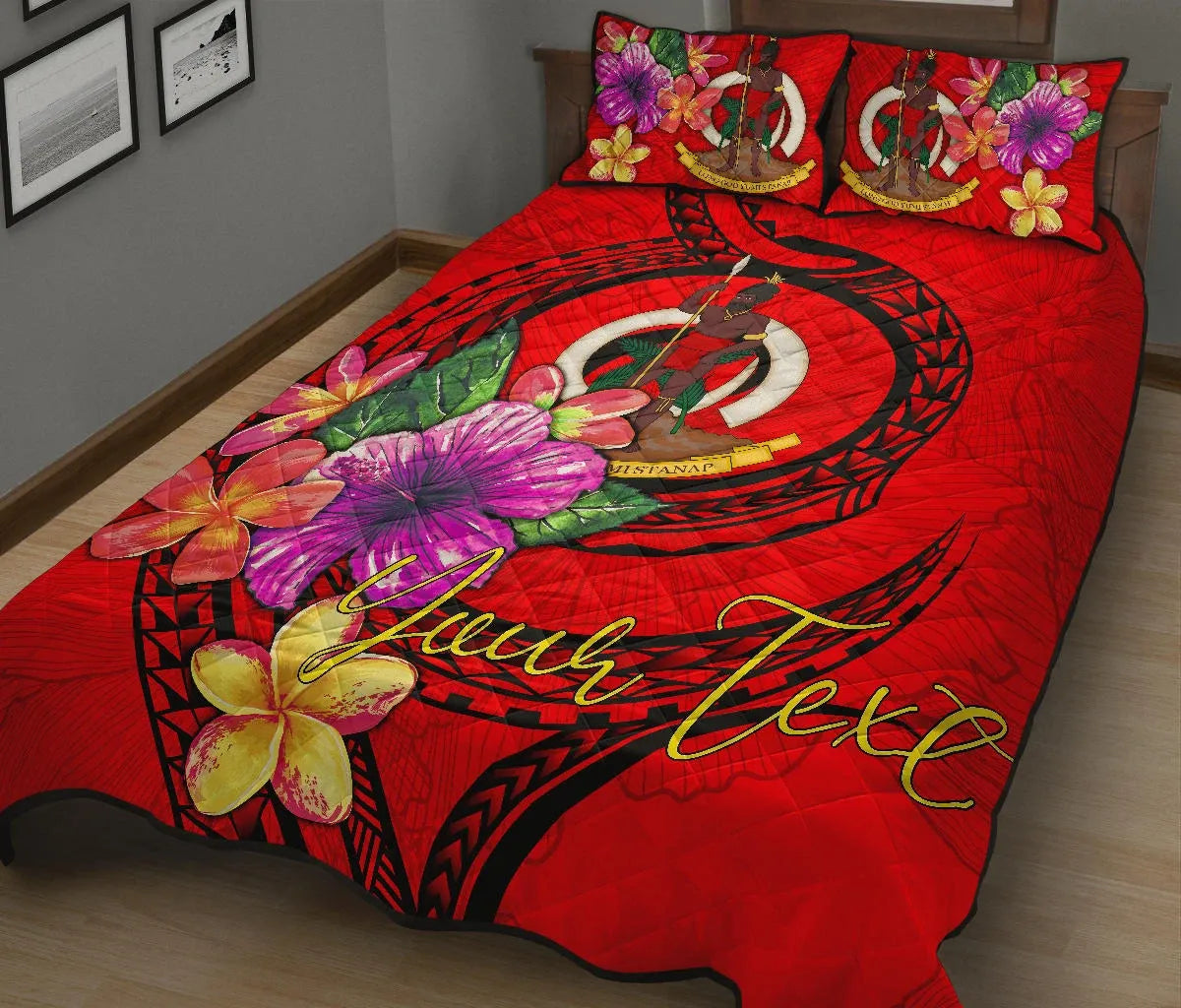 Vanuatu Polynesian Custom Personalised Quilt Bed Set - Floral With Seal Red