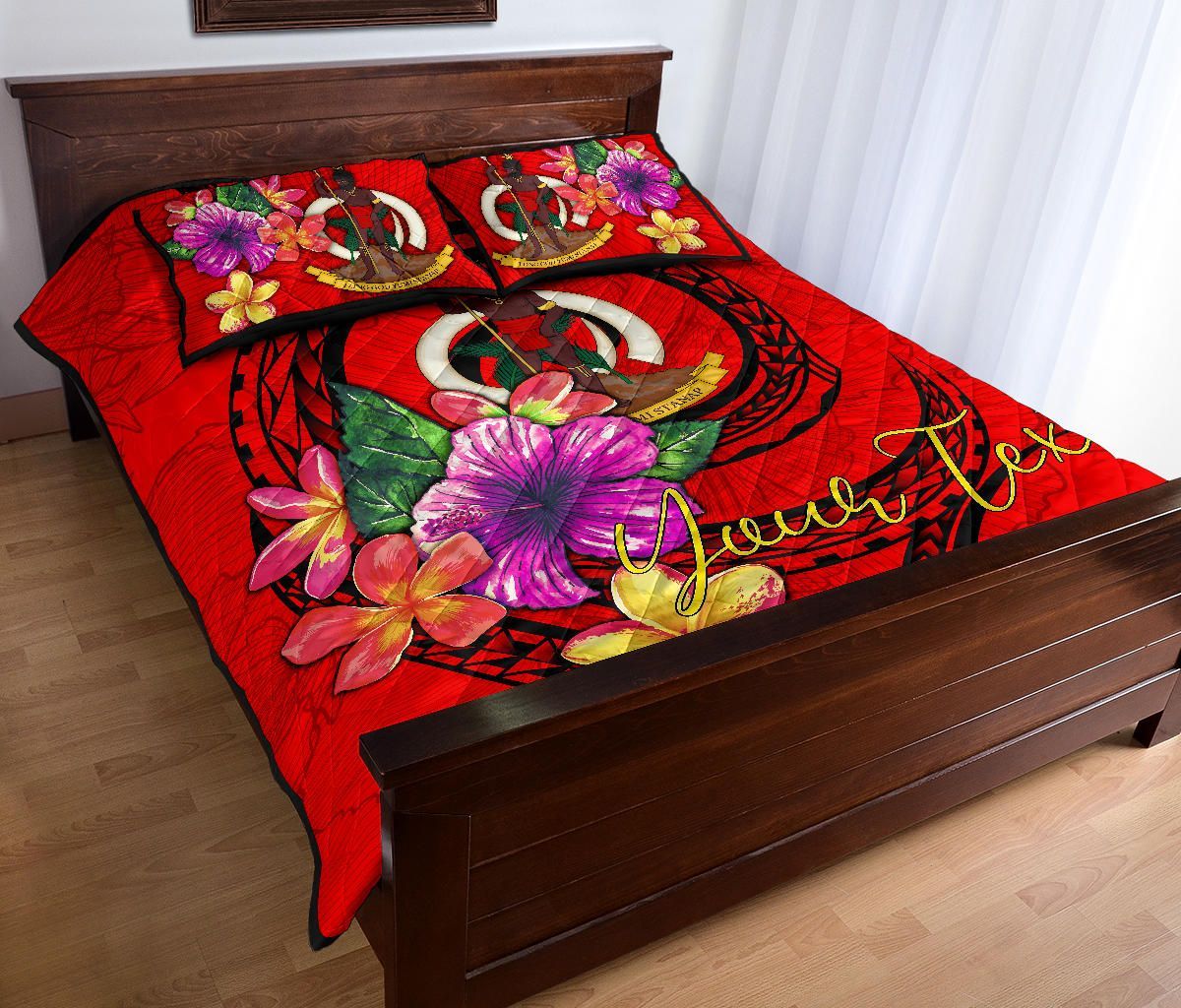 Vanuatu Polynesian Custom Personalised Quilt Bed Set - Floral With Seal Red
