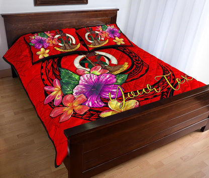 Vanuatu Polynesian Custom Personalised Quilt Bed Set - Floral With Seal Red