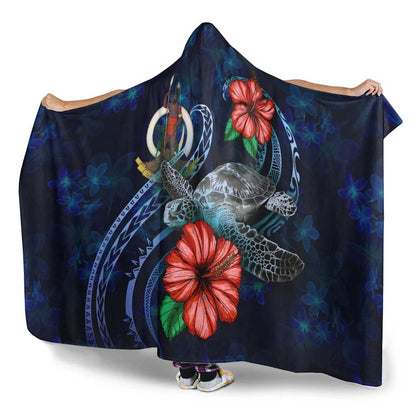 Vanuatu Polynesian Hooded Blanket - Blue Turtle Hibiscus