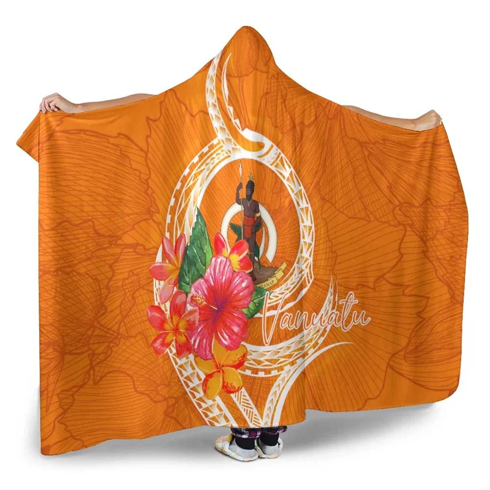 Vanuatu Polynesian Hooded Blanket - Orange Floral With Seal