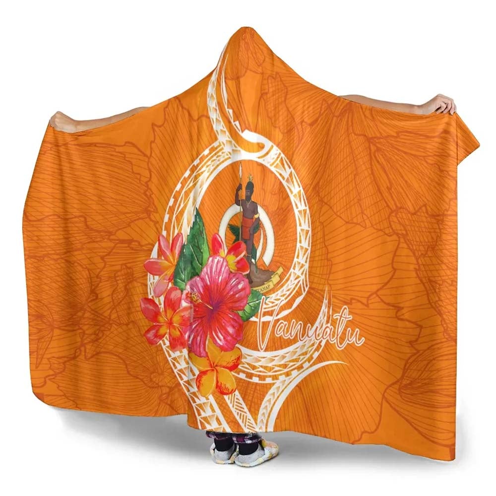 Vanuatu Polynesian Hooded Blanket - Orange Floral With Seal