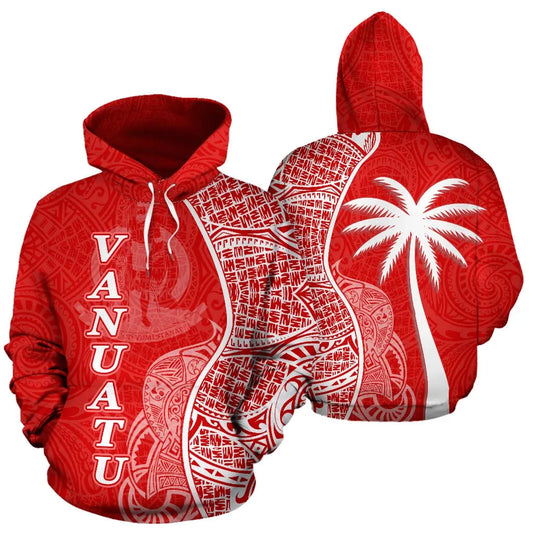 Vanuatu Polynesian Hoodie Coconut Tree Red nd White