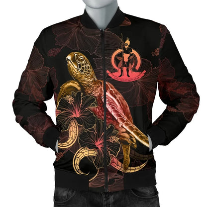Vanuatu Polynesian Bomber Jacket - Turtle With Blooming Hibiscus Gold