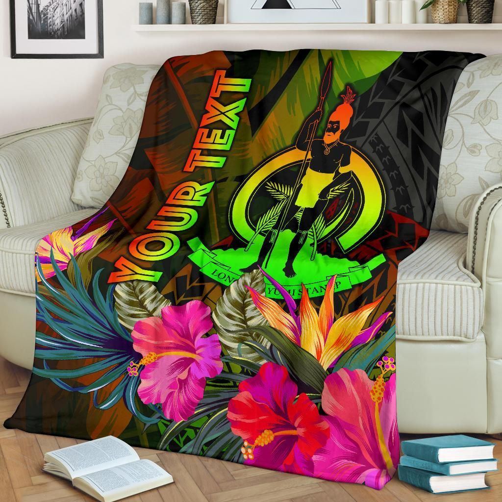 Vanuatu Polynesian Personalised Premium Blanket -  Hibiscus and Banana Leaves