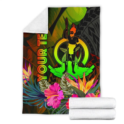 Vanuatu Polynesian Personalised Premium Blanket -  Hibiscus and Banana Leaves
